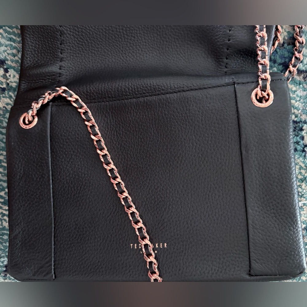Ted Baker Parson Black Leather Crossbody Bag | Rose Gold Chain | Flap Bag - Picture 6 of 7